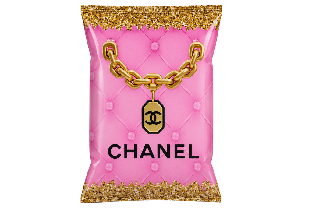 Pink Designer Inspired Chip Bag Template | Luxury Quilted Gold Chain Birthday Favors (Digital Download)